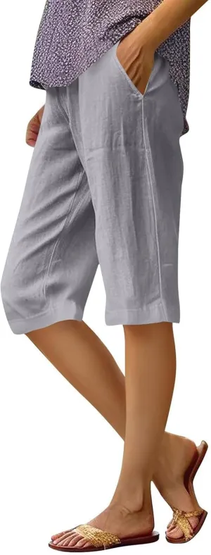 Pedal Pushers for Women Elastic Wasit Linen Shorts Summer Boho Lightweight Baggy Cropped Capris Pants with Pockets