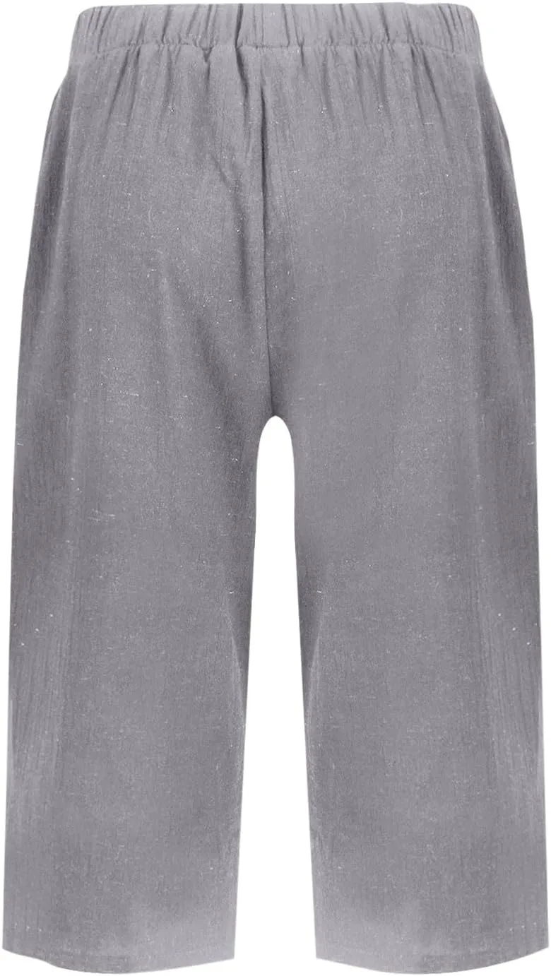 Pedal Pushers for Women Elastic Wasit Linen Shorts Summer Boho Lightweight Baggy Cropped Capris Pants with Pockets