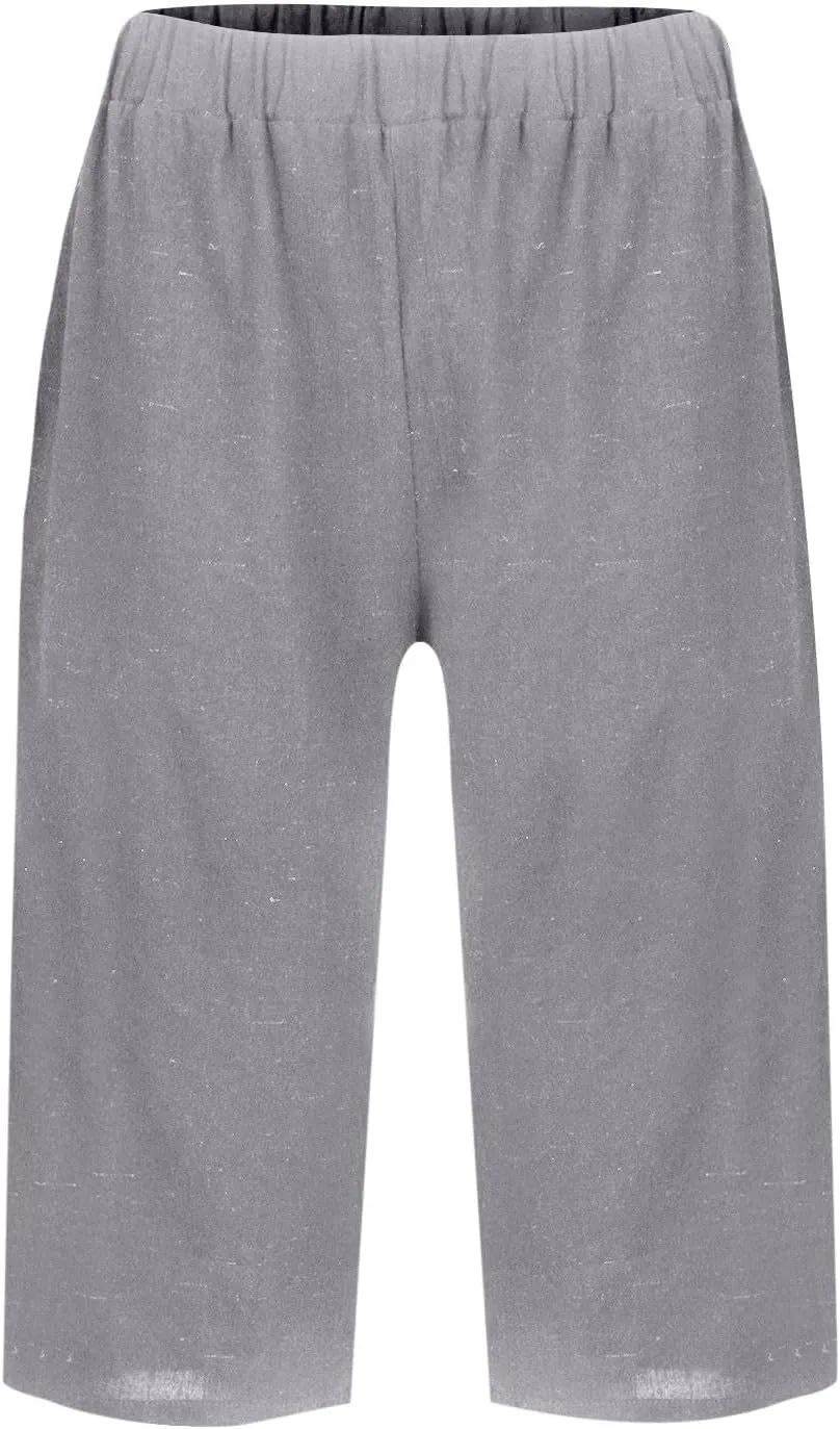 Pedal Pushers for Women Elastic Wasit Linen Shorts Summer Boho Lightweight Baggy Cropped Capris Pants with Pockets