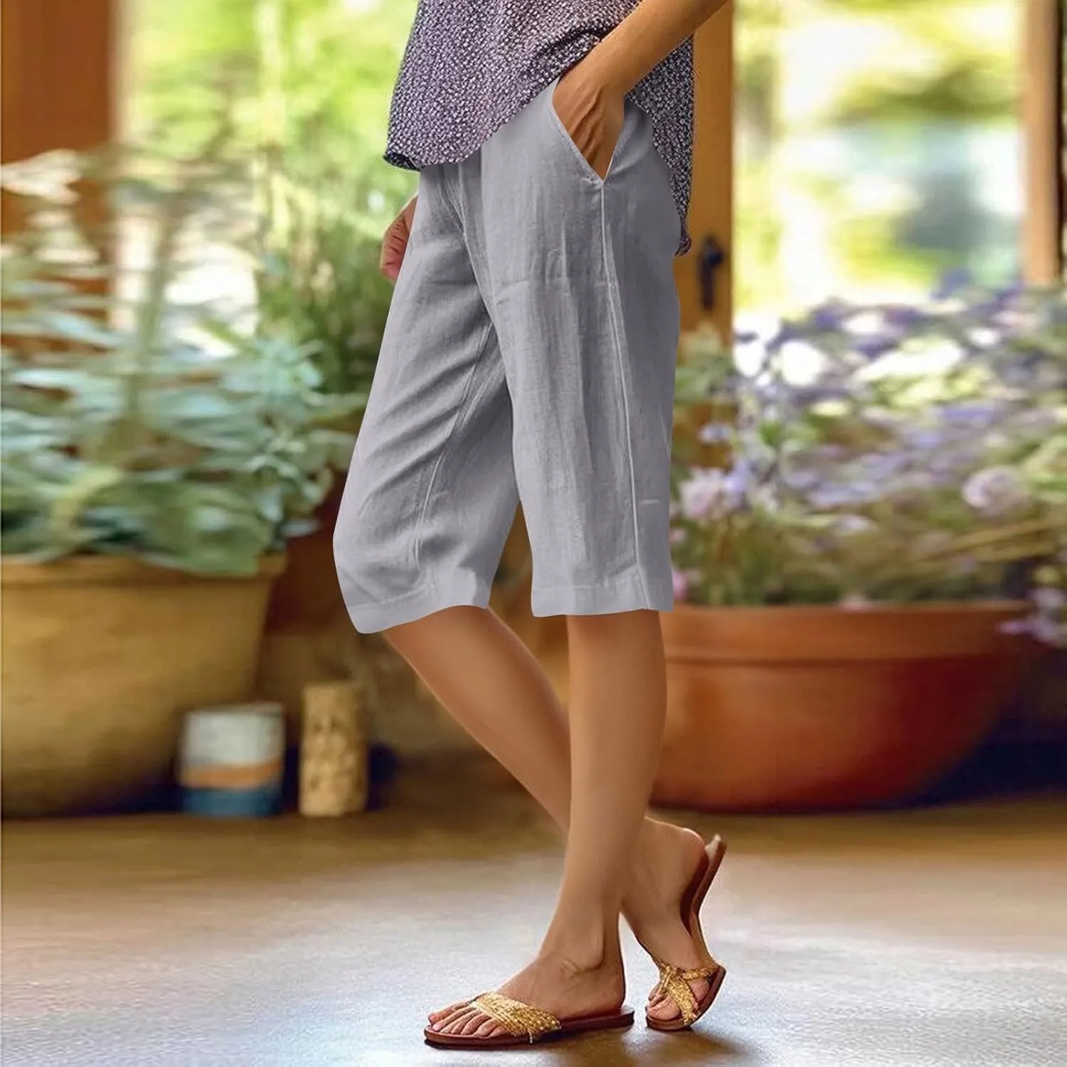 Pedal Pushers for Women Elastic Wasit Linen Shorts Summer Boho Lightweight Baggy Cropped Capris Pants with Pockets