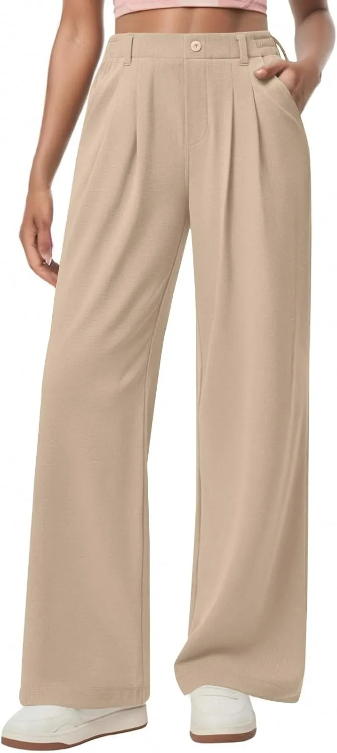 Petite Dress Pants for Women Wide Leg Palazzo Pants Business Casual Elastic High Waisted Work Pant with Pockets