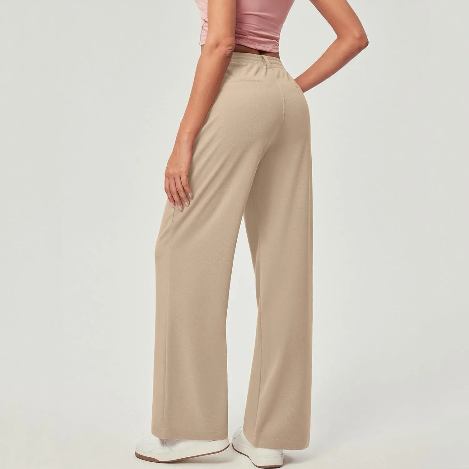 Petite Dress Pants for Women Wide Leg Palazzo Pants Business Casual Elastic High Waisted Work Pant with Pockets