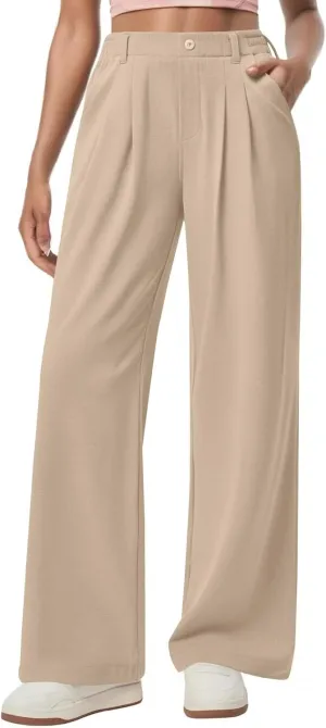Petite Dress Pants for Women Wide Leg Palazzo Pants Business Casual Elastic High Waisted Work Pant with Pockets