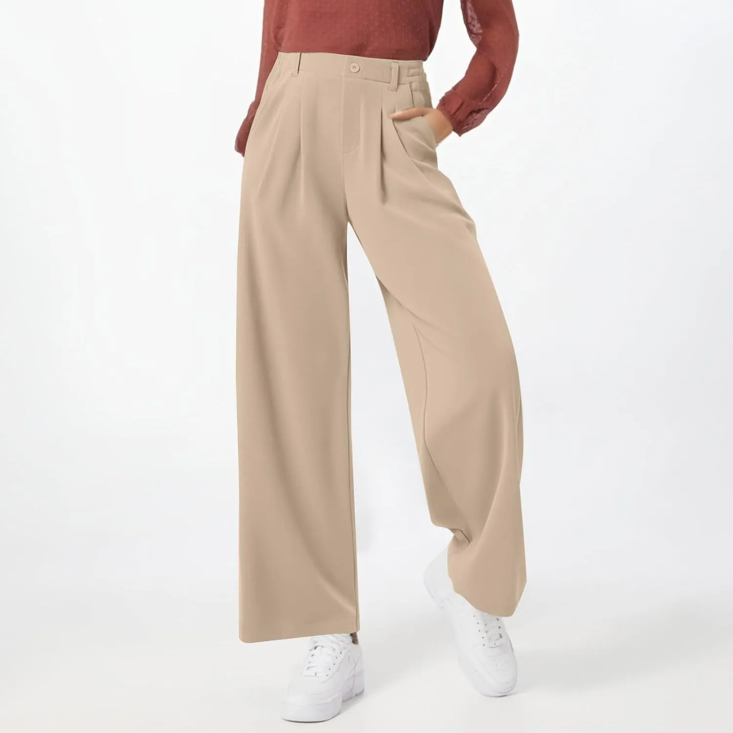Petite Dress Pants for Women Wide Leg Palazzo Pants Business Casual Elastic High Waisted Work Pant with Pockets