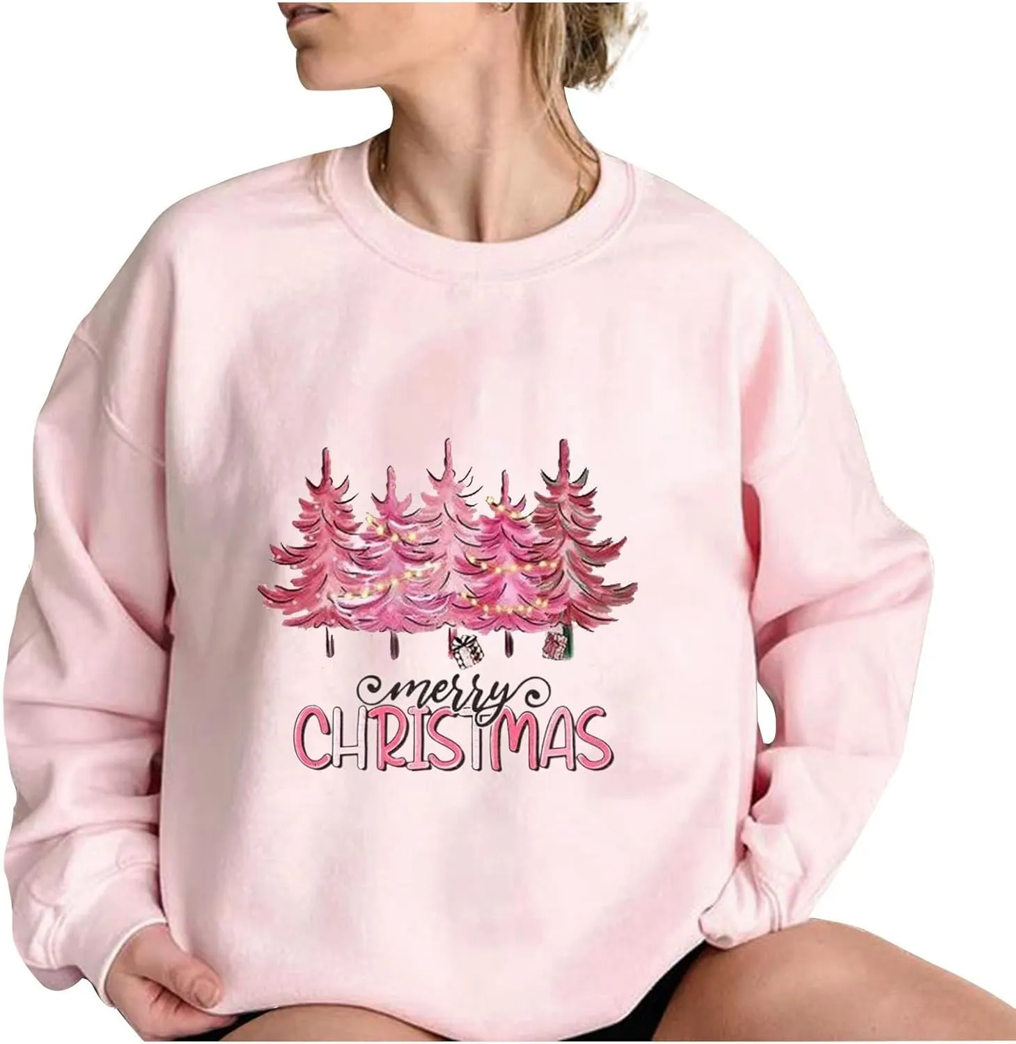 Pink Christmas Sweatshirts for Women Funny Cute Gnomes Santa Oversized Long Sleeve Shirts Vacation Pullovers Xmas Gift