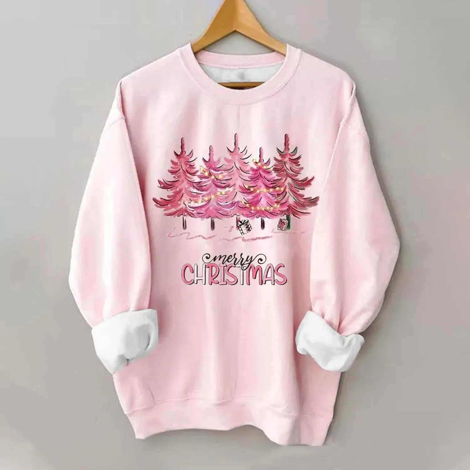 Pink Christmas Sweatshirts for Women Funny Cute Gnomes Santa Oversized Long Sleeve Shirts Vacation Pullovers Xmas Gift