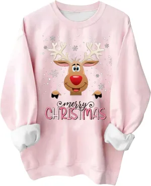 Pink Christmas Sweatshirts for Women Funny Cute Gnomes Santa Oversized Long Sleeve Shirts Vacation Pullovers Xmas Gift