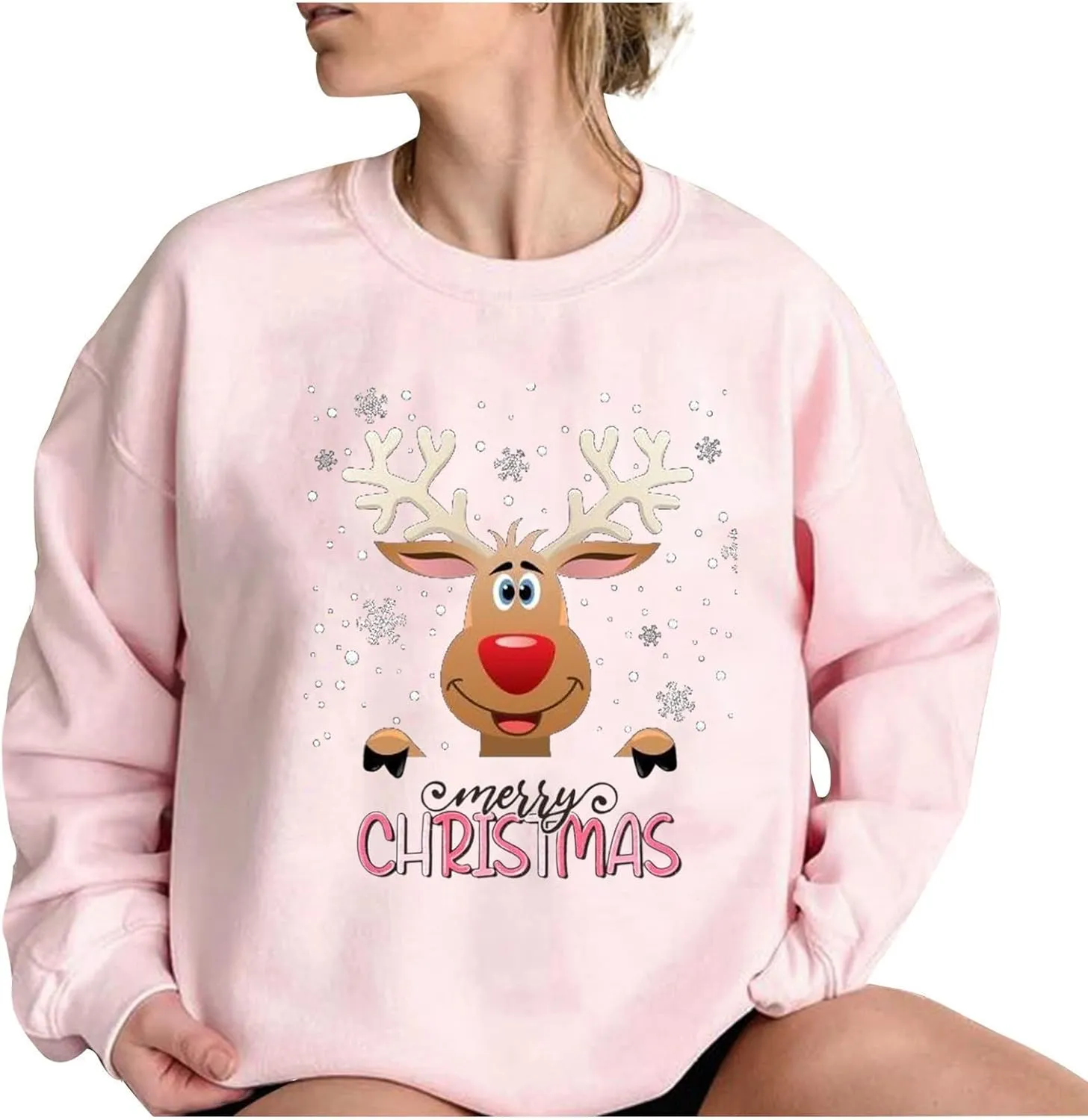 Pink Christmas Sweatshirts for Women Funny Cute Gnomes Santa Oversized Long Sleeve Shirts Vacation Pullovers Xmas Gift