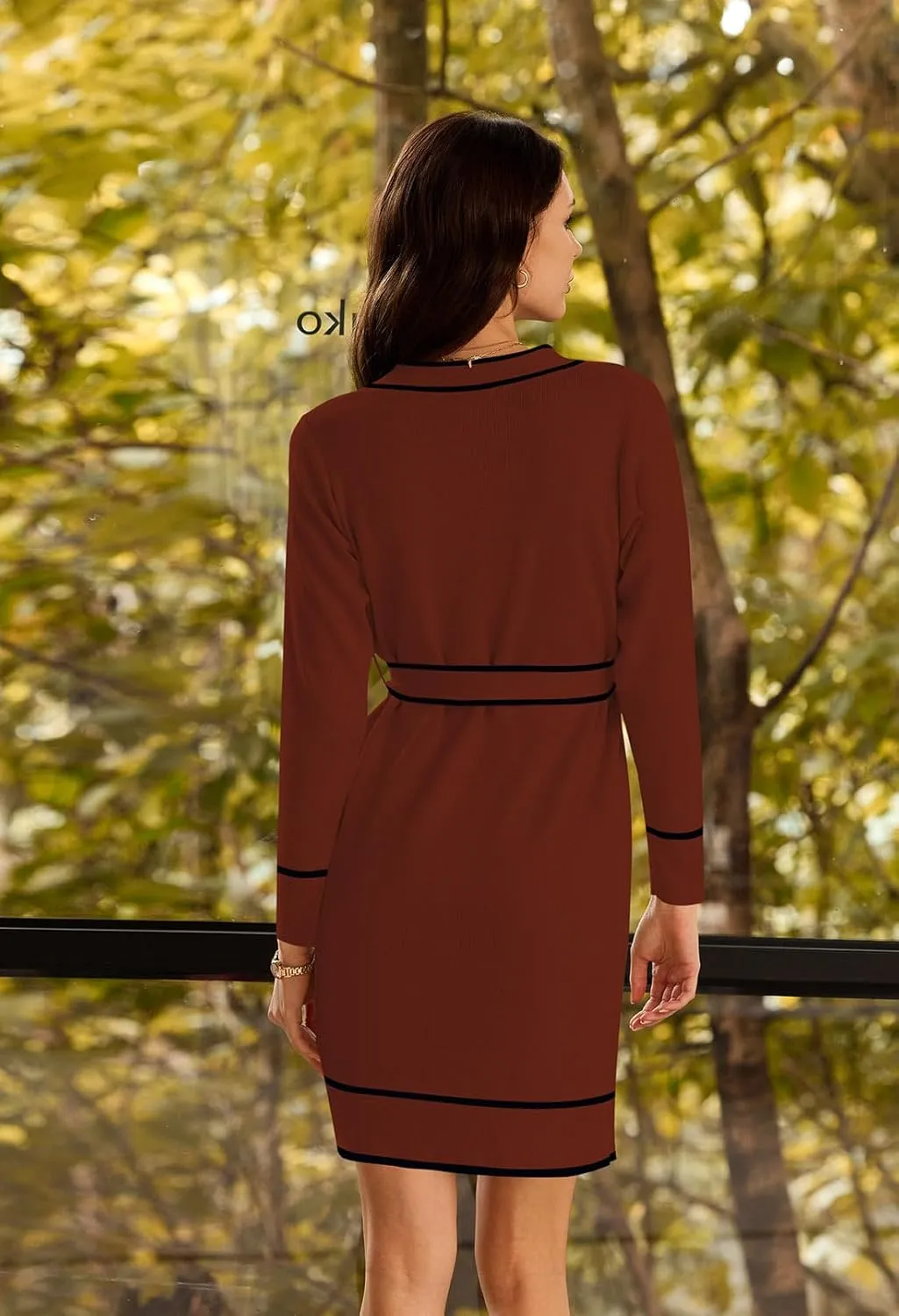 Pink Queen Women's Long Sleeve Button Down Mini Dress Elegant V Neck Open Front Color Block Knit Sweater Cardiagns with Belt