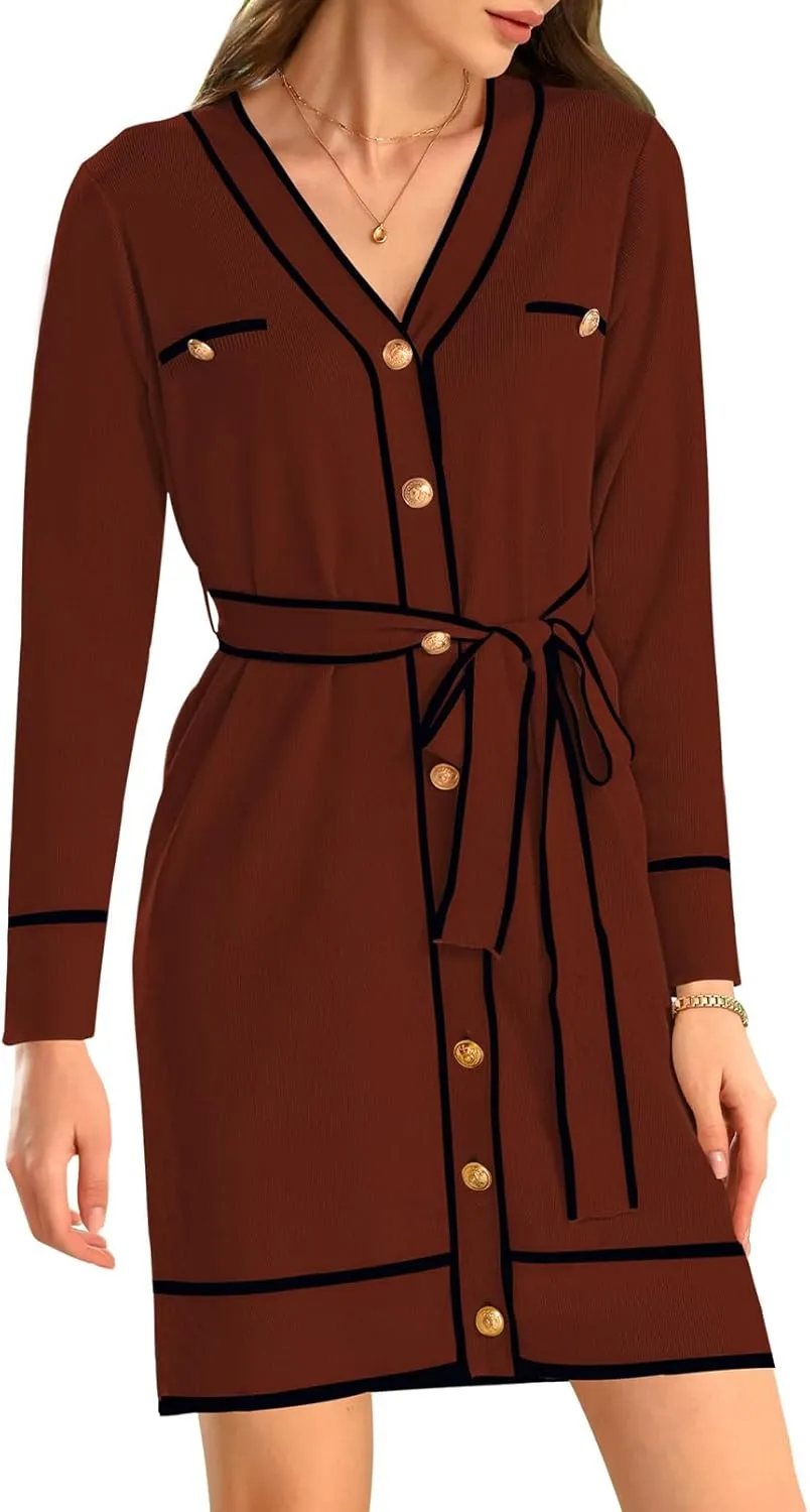 Pink Queen Women's Long Sleeve Button Down Mini Dress Elegant V Neck Open Front Color Block Knit Sweater Cardiagns with Belt