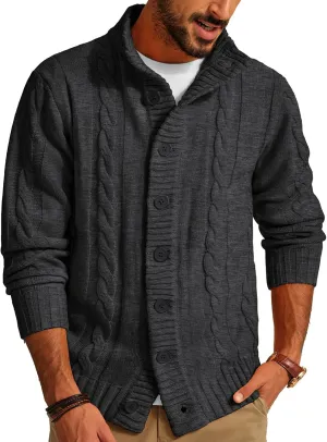 PJ PAUL JONES Men's Cardigan Sweaters Stand Collar Cable Knit Button Sweater