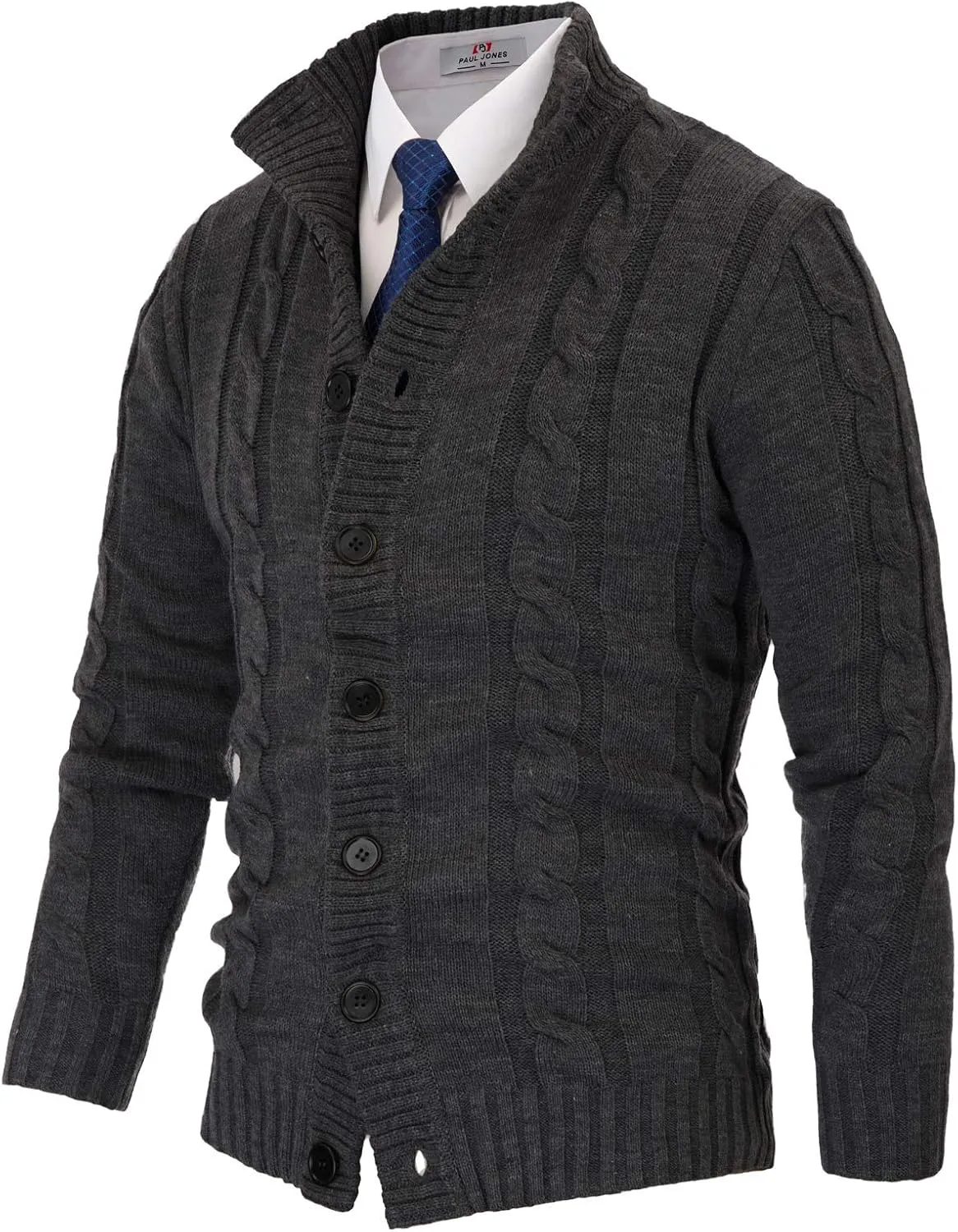 PJ PAUL JONES Men's Cardigan Sweaters Stand Collar Cable Knit Button Sweater