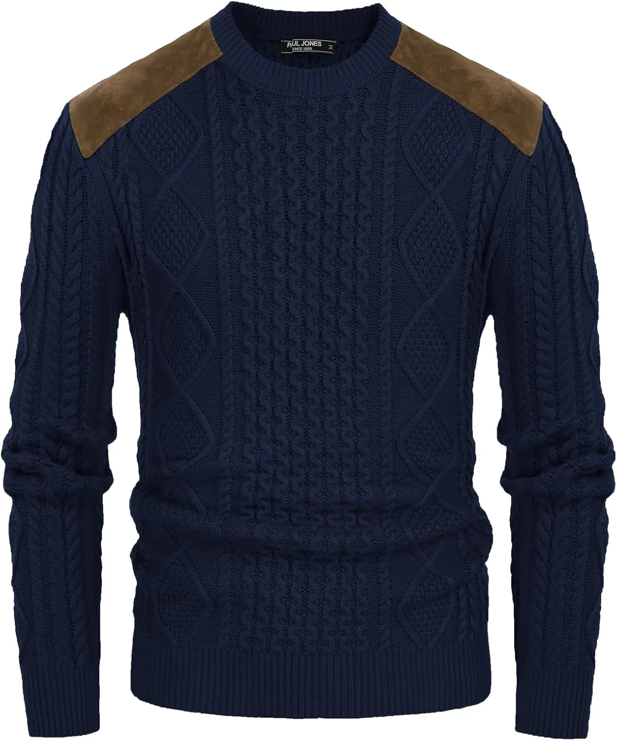 PJ PAUL JONES Men's Military Pullover Sweater Crewneck Vintage Cable Knit Sweater with Suede Patchwork