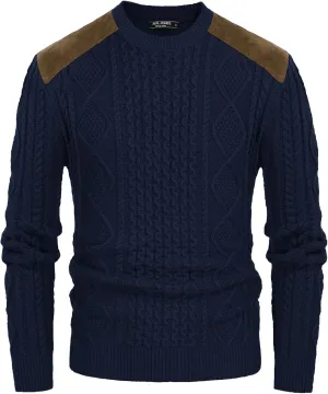 PJ PAUL JONES Men's Military Pullover Sweater Crewneck Vintage Cable Knit Sweater with Suede Patchwork