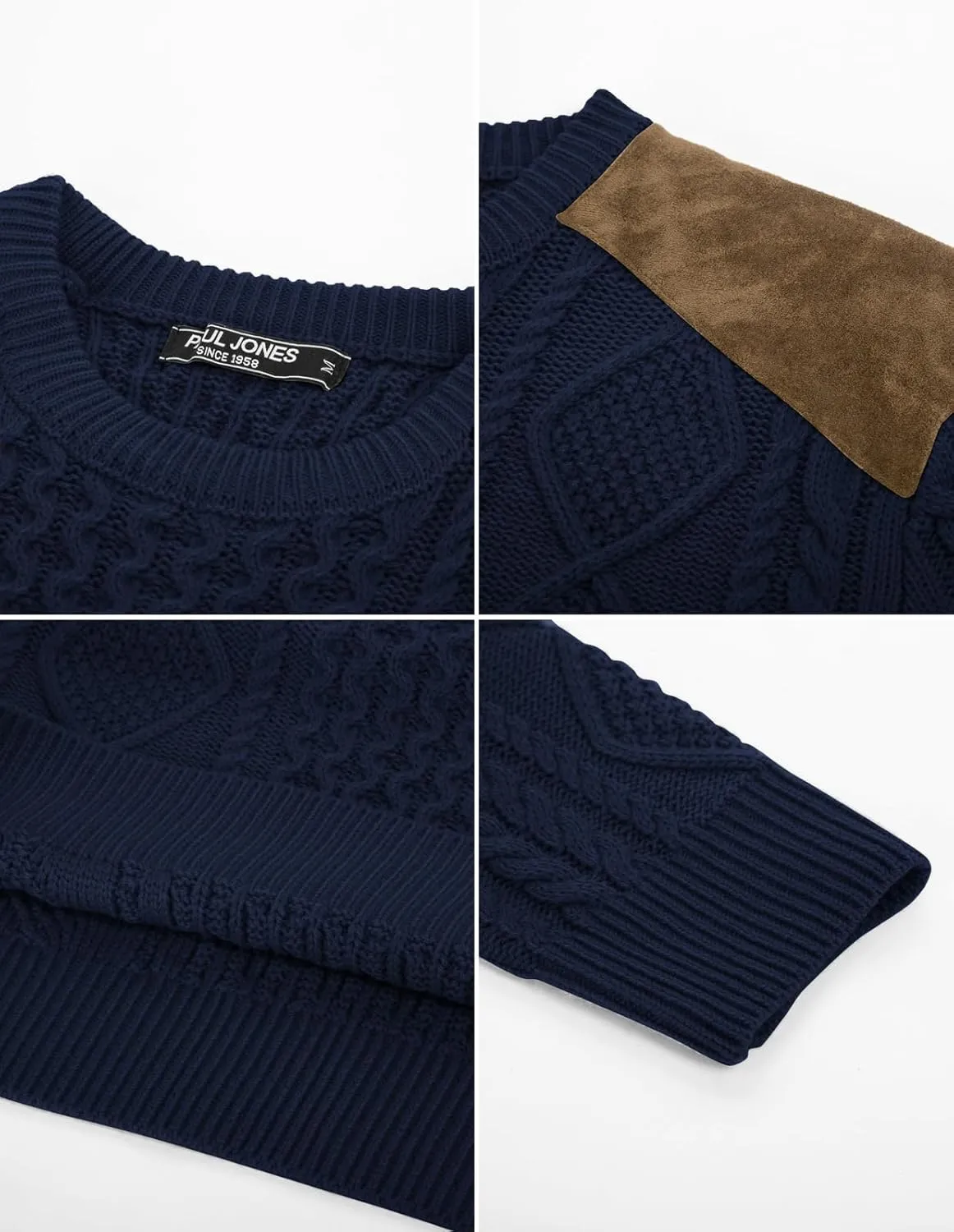 PJ PAUL JONES Men's Military Pullover Sweater Crewneck Vintage Cable Knit Sweater with Suede Patchwork