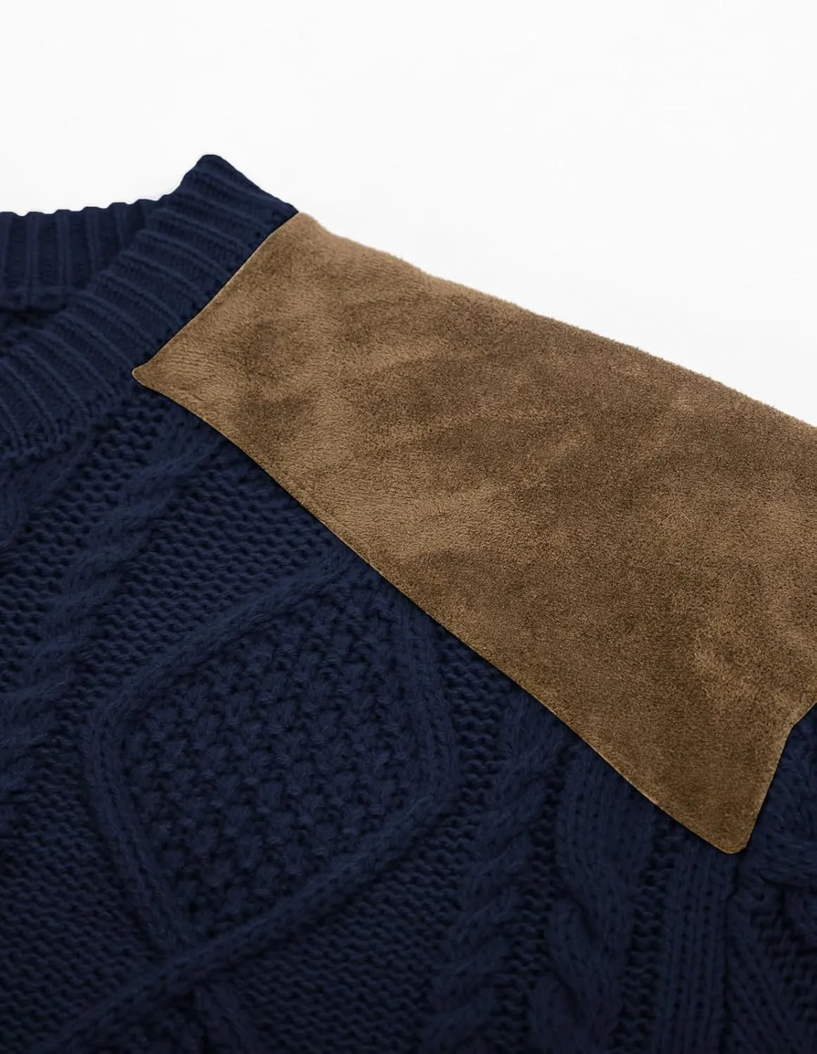 PJ PAUL JONES Men's Military Pullover Sweater Crewneck Vintage Cable Knit Sweater with Suede Patchwork