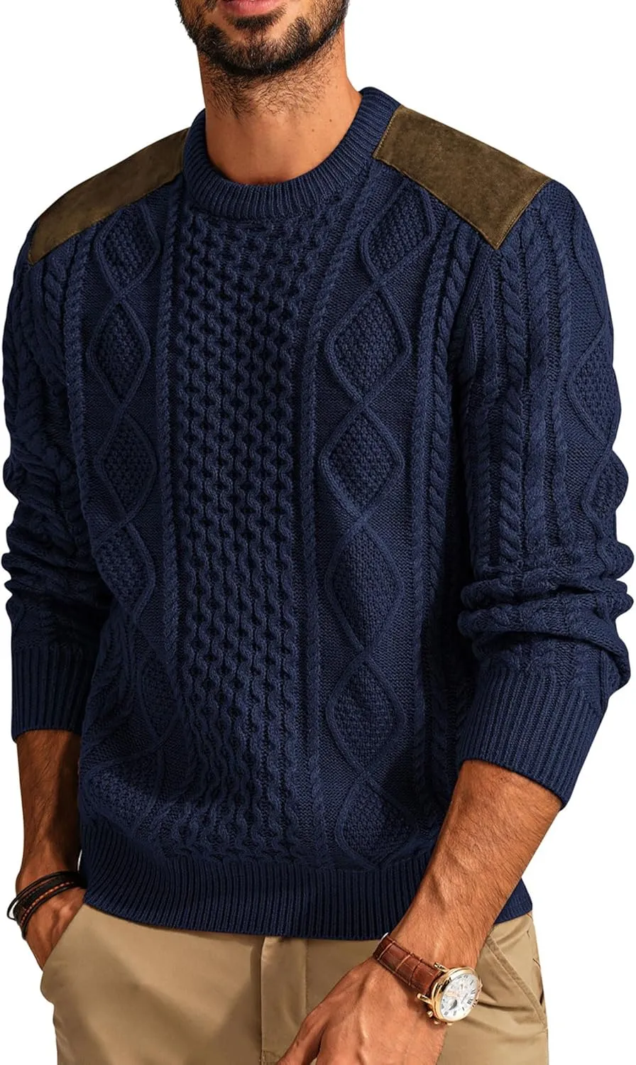 PJ PAUL JONES Men's Military Pullover Sweater Crewneck Vintage Cable Knit Sweater with Suede Patchwork