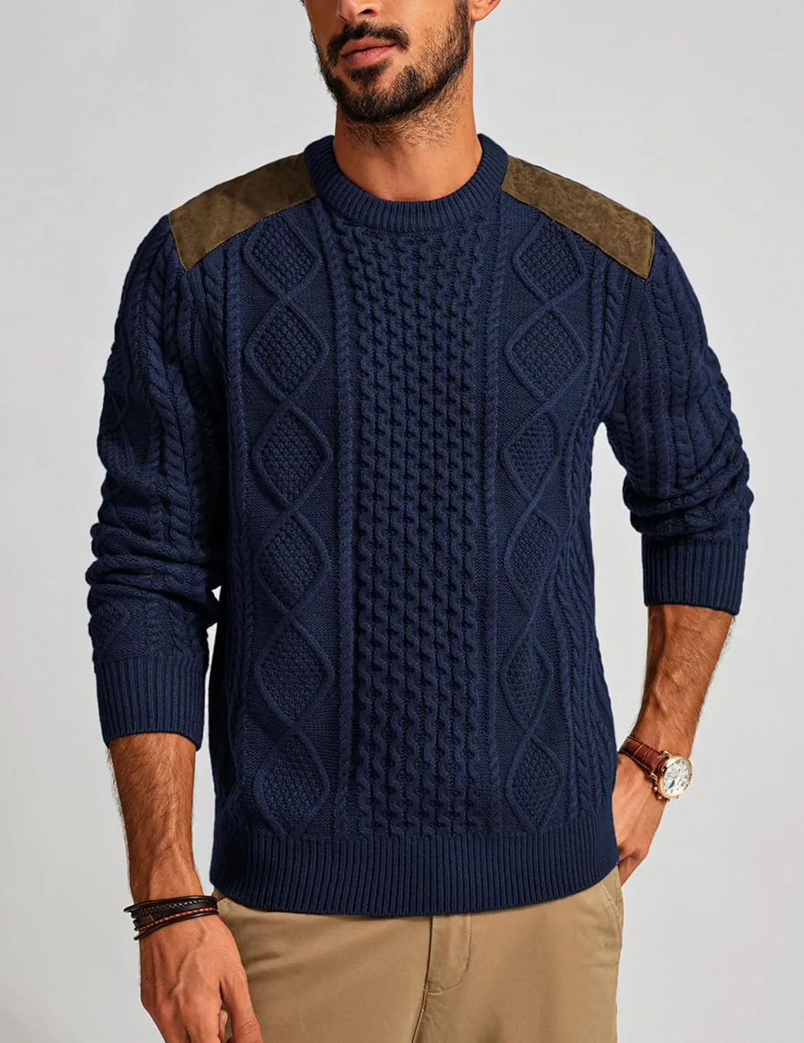 PJ PAUL JONES Men's Military Pullover Sweater Crewneck Vintage Cable Knit Sweater with Suede Patchwork