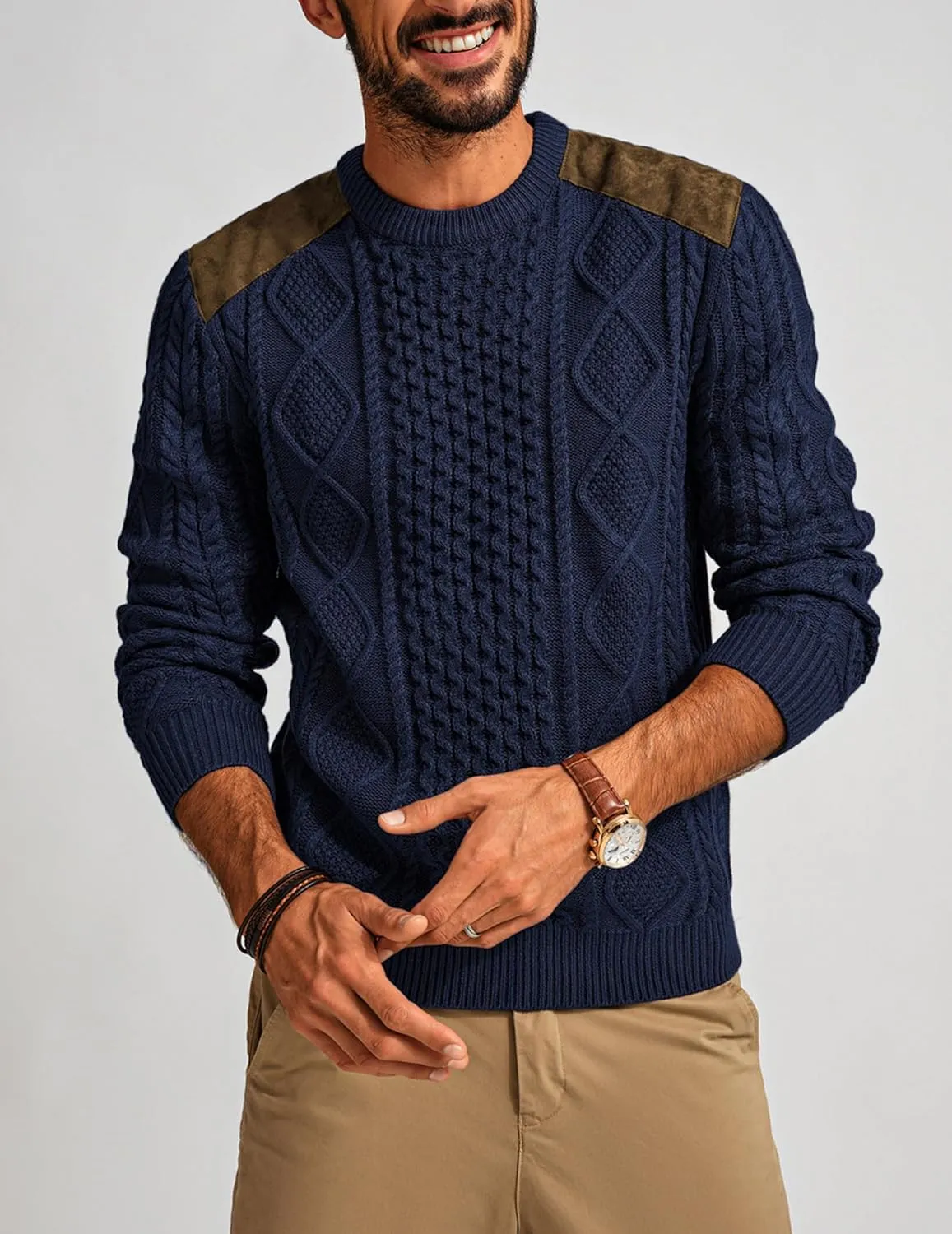 PJ PAUL JONES Men's Military Pullover Sweater Crewneck Vintage Cable Knit Sweater with Suede Patchwork