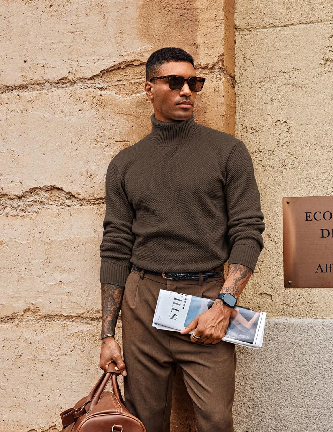 PJ PAUL JONES Men's Turtleneck Sweaters Knitted Casual Textured Pullover Sweater
