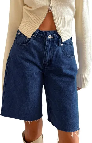 PLNOTME Women's Crossover Denim Shorts Summer Asymmetrical High Waisted Straight Leg Jean Shorts
