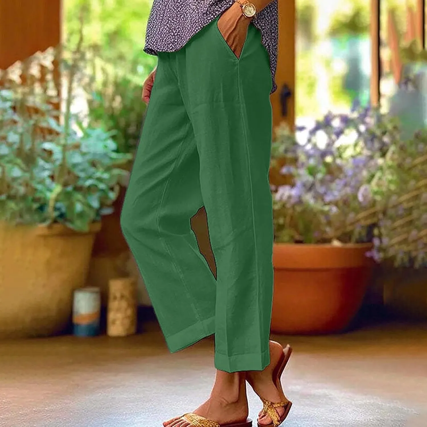 Plus Size Ankle Length Pants for Women Summer Lightweight Cotton Linen Pants Trendy Cropped Trousers with Pockets