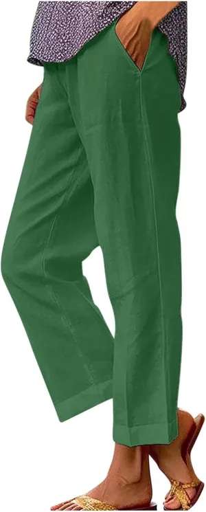 Plus Size Ankle Length Pants for Women Summer Lightweight Cotton Linen Pants Trendy Cropped Trousers with Pockets