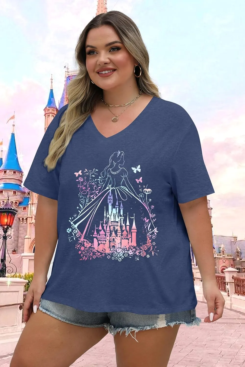 Plus Size Magic Kingdom Shirts for Women Castle Graphic T Shirt Cute Holiday Shirt Princess Tee Funny Vacation Tops