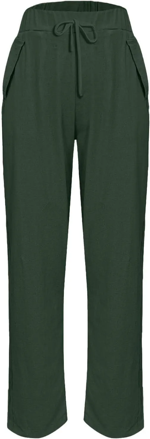 Plus Size Women Summer Linen Pants 2025 Elastic High Waist Casual Pant Drawstring Loose Trousers Capris with Pockets