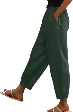 Plus Size Women Summer Linen Pants 2025 Elastic High Waist Casual Pant Drawstring Loose Trousers Capris with Pockets