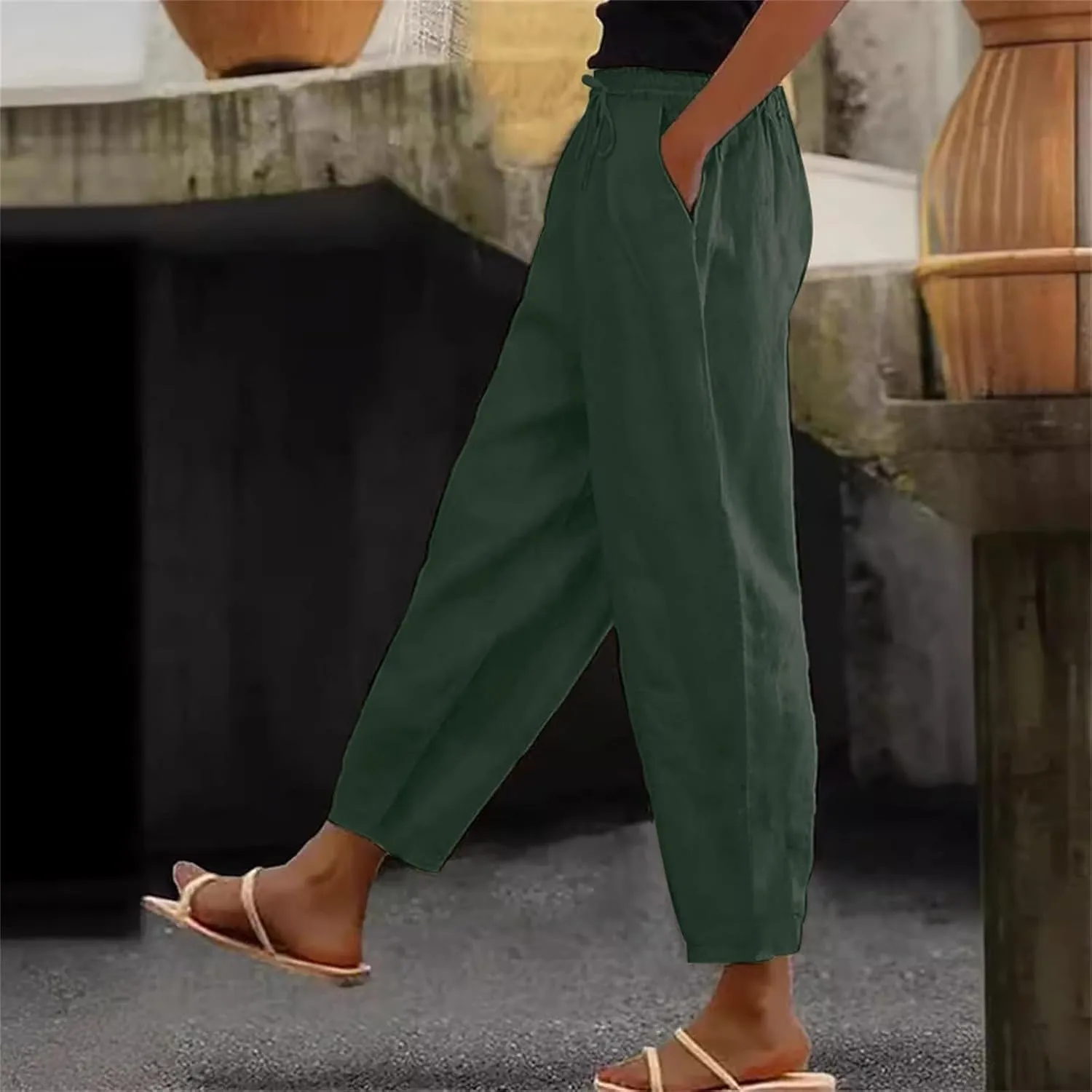 Plus Size Women Summer Linen Pants 2025 Elastic High Waist Casual Pant Drawstring Loose Trousers Capris with Pockets