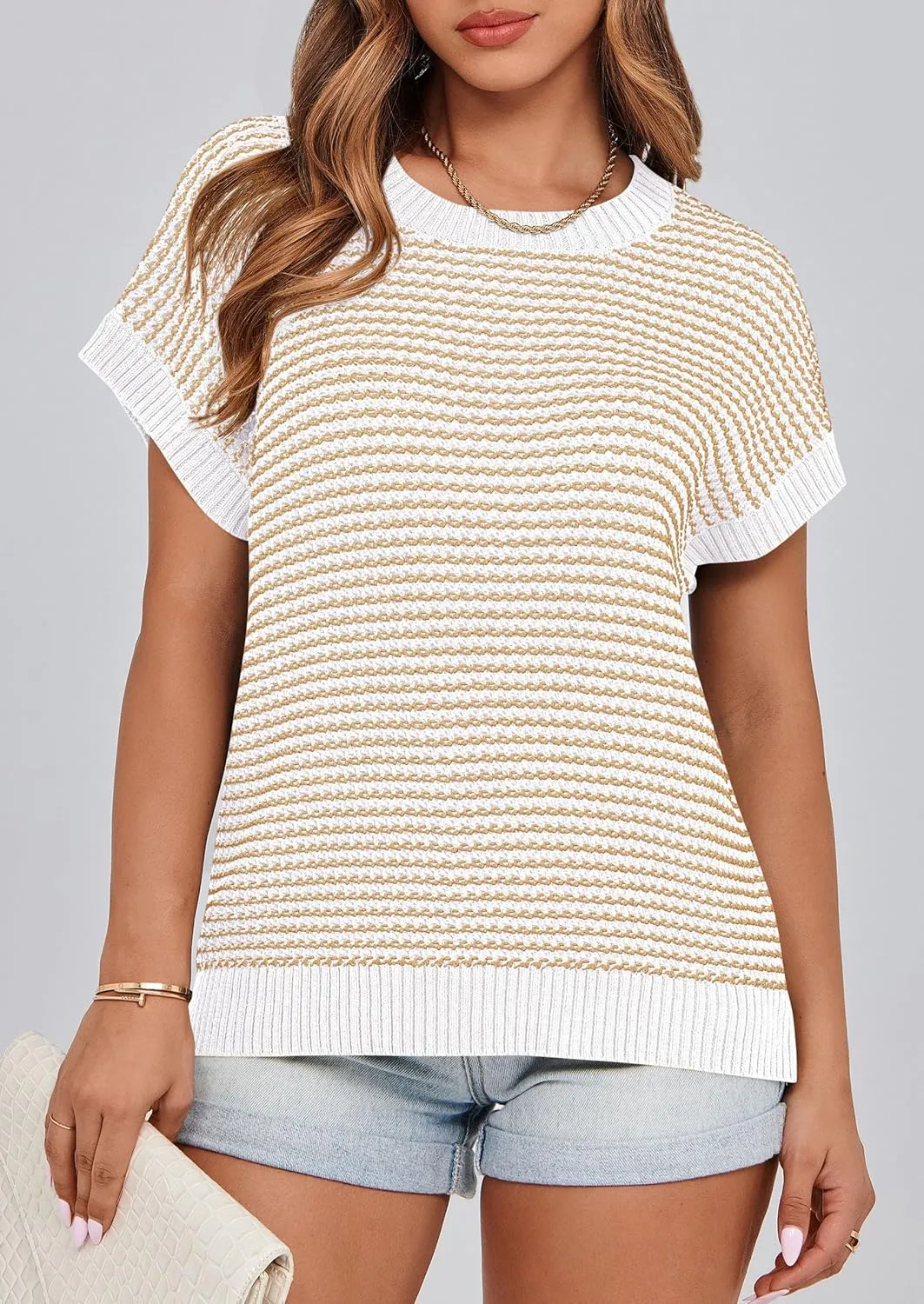 PRETTYGARDEN Womens Short Sleeve Sweater Spring Summer 2025 Round Neck Striped Pullover Cap Sleeve Knit Sweater Vest Tops