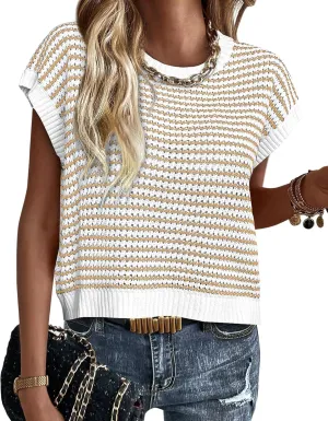 PRETTYGARDEN Womens Short Sleeve Sweater Spring Summer 2025 Round Neck Striped Pullover Cap Sleeve Knit Sweater Vest Tops