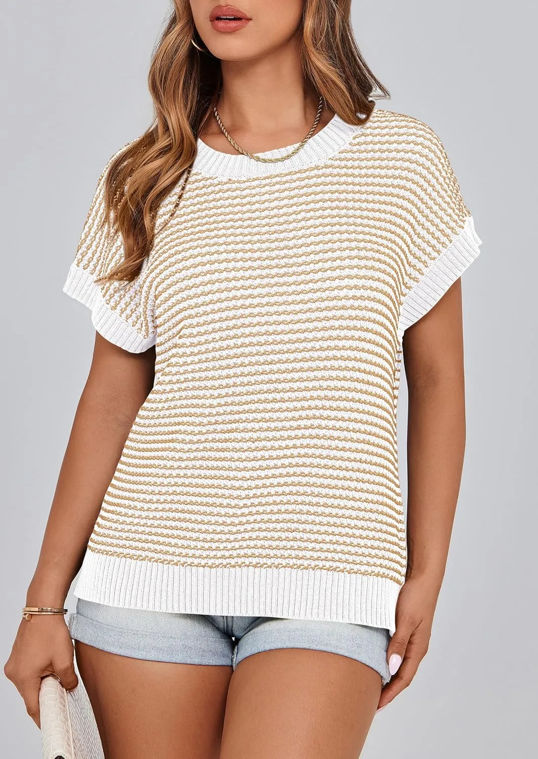 PRETTYGARDEN Womens Short Sleeve Sweater Spring Summer 2025 Round Neck Striped Pullover Cap Sleeve Knit Sweater Vest Tops