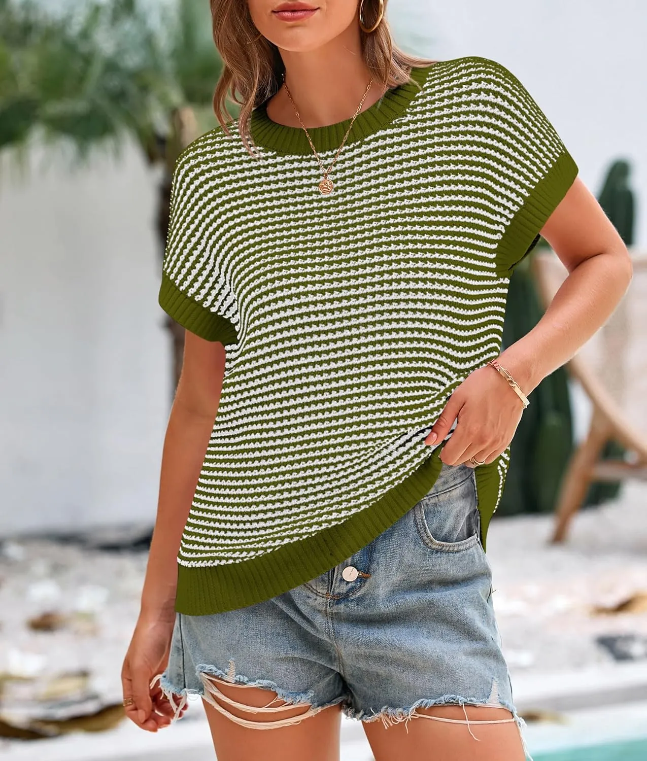 PRETTYGARDEN Womens Short Sleeve Sweater Spring Summer 2025 Round Neck Striped Pullover Cap Sleeve Knit Sweater Vest Tops