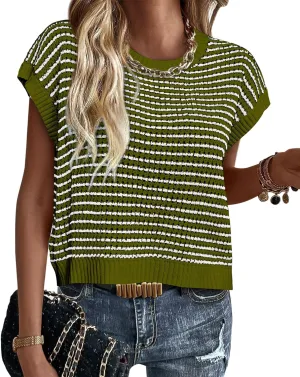 PRETTYGARDEN Womens Short Sleeve Sweater Spring Summer 2025 Round Neck Striped Pullover Cap Sleeve Knit Sweater Vest Tops