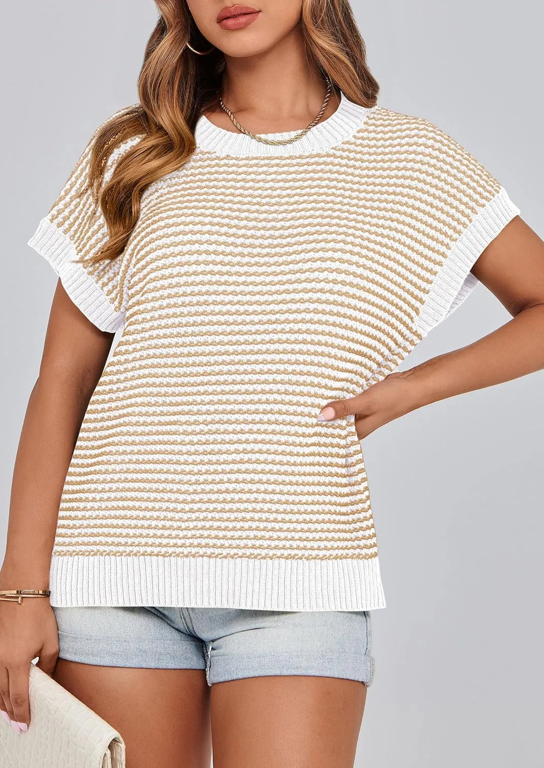 PRETTYGARDEN Womens Short Sleeve Sweater Spring Summer 2025 Round Neck Striped Pullover Cap Sleeve Knit Sweater Vest Tops