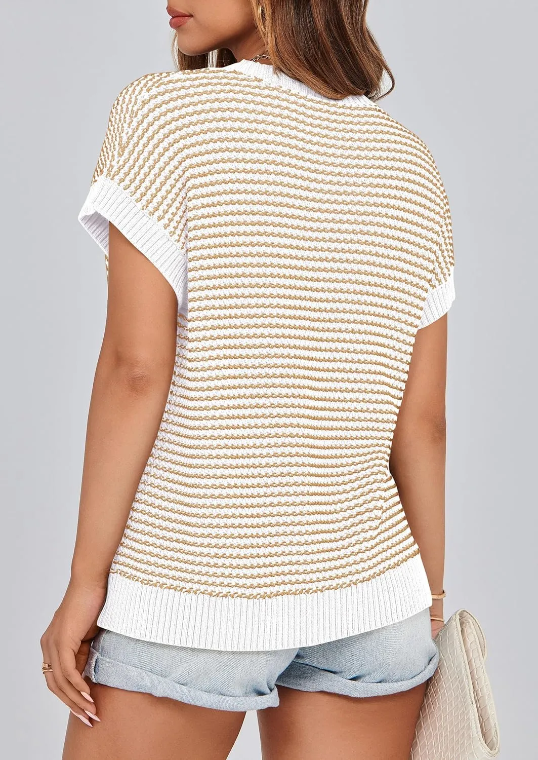 PRETTYGARDEN Womens Short Sleeve Sweater Spring Summer 2025 Round Neck Striped Pullover Cap Sleeve Knit Sweater Vest Tops