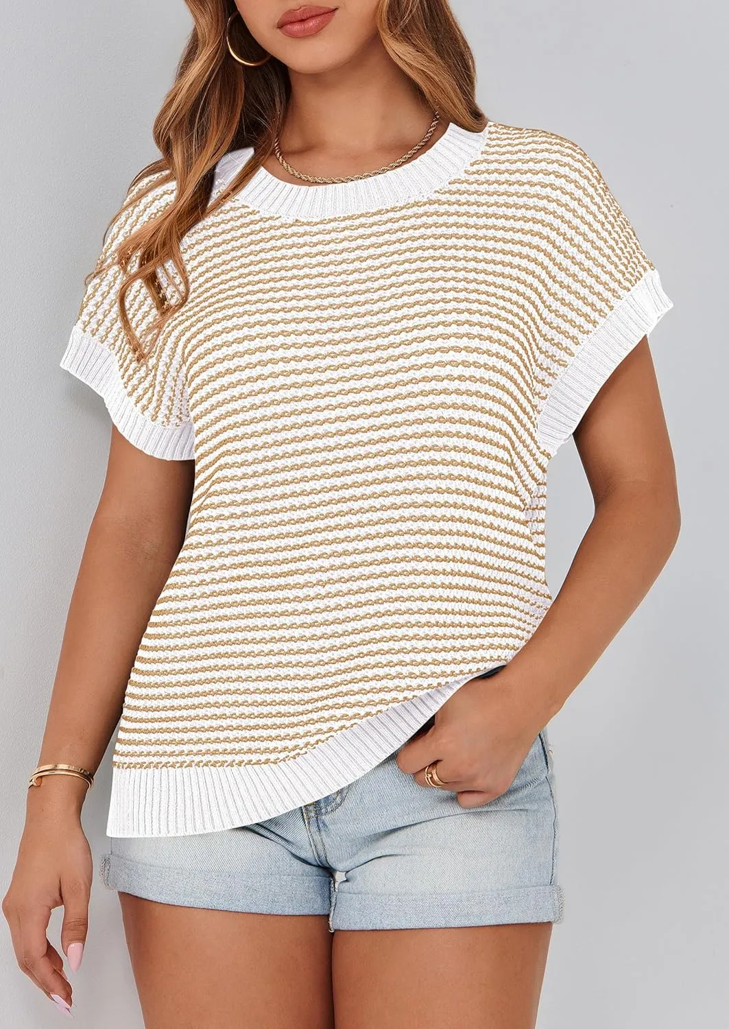 PRETTYGARDEN Womens Short Sleeve Sweater Spring Summer 2025 Round Neck Striped Pullover Cap Sleeve Knit Sweater Vest Tops