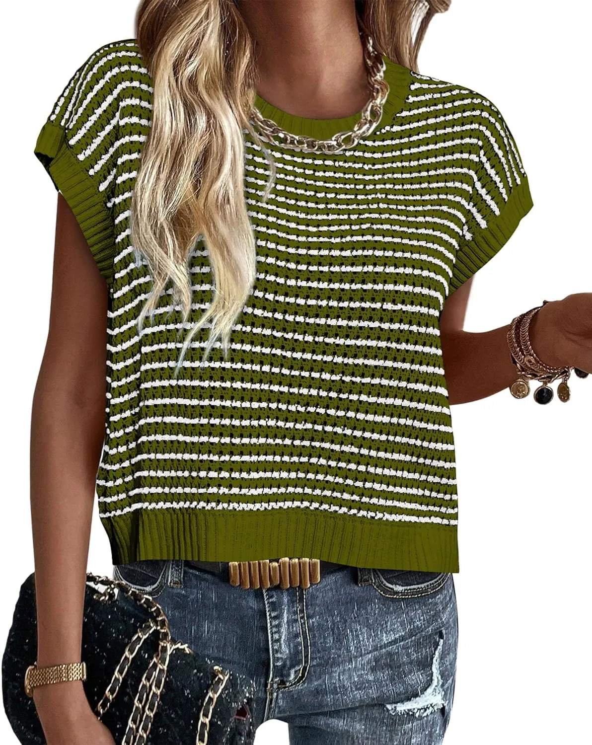 PRETTYGARDEN Womens Short Sleeve Sweater Spring Summer 2025 Round Neck Striped Pullover Cap Sleeve Knit Sweater Vest Tops