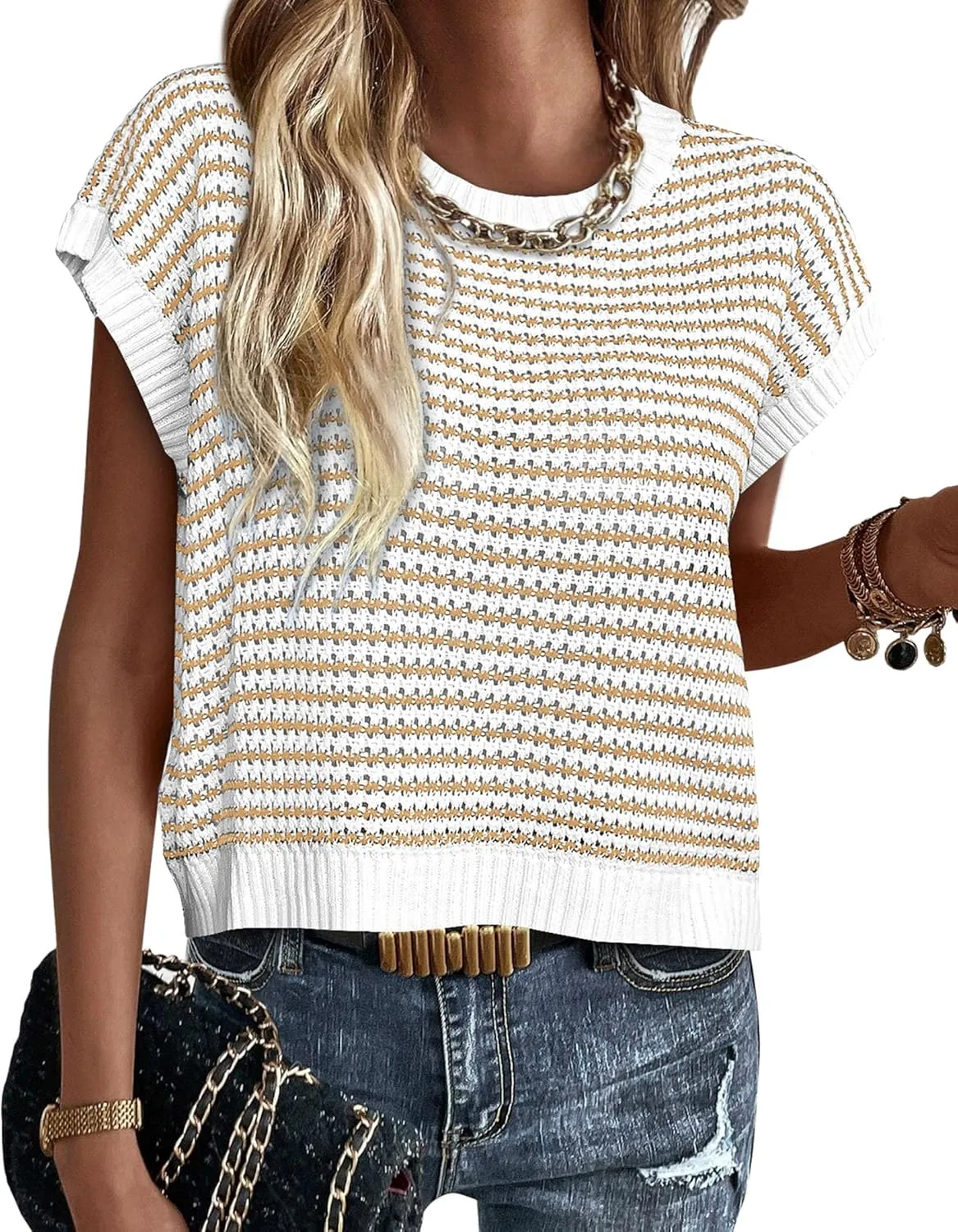PRETTYGARDEN Womens Short Sleeve Sweater Spring Summer 2025 Round Neck Striped Pullover Cap Sleeve Knit Sweater Vest Tops