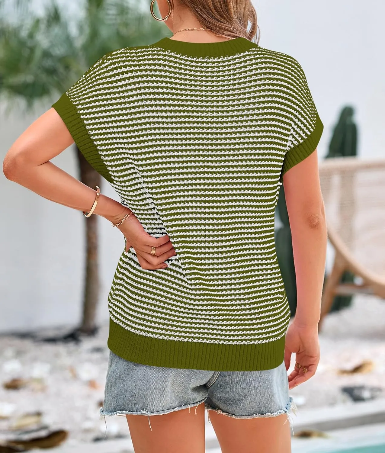 PRETTYGARDEN Womens Short Sleeve Sweater Spring Summer 2025 Round Neck Striped Pullover Cap Sleeve Knit Sweater Vest Tops
