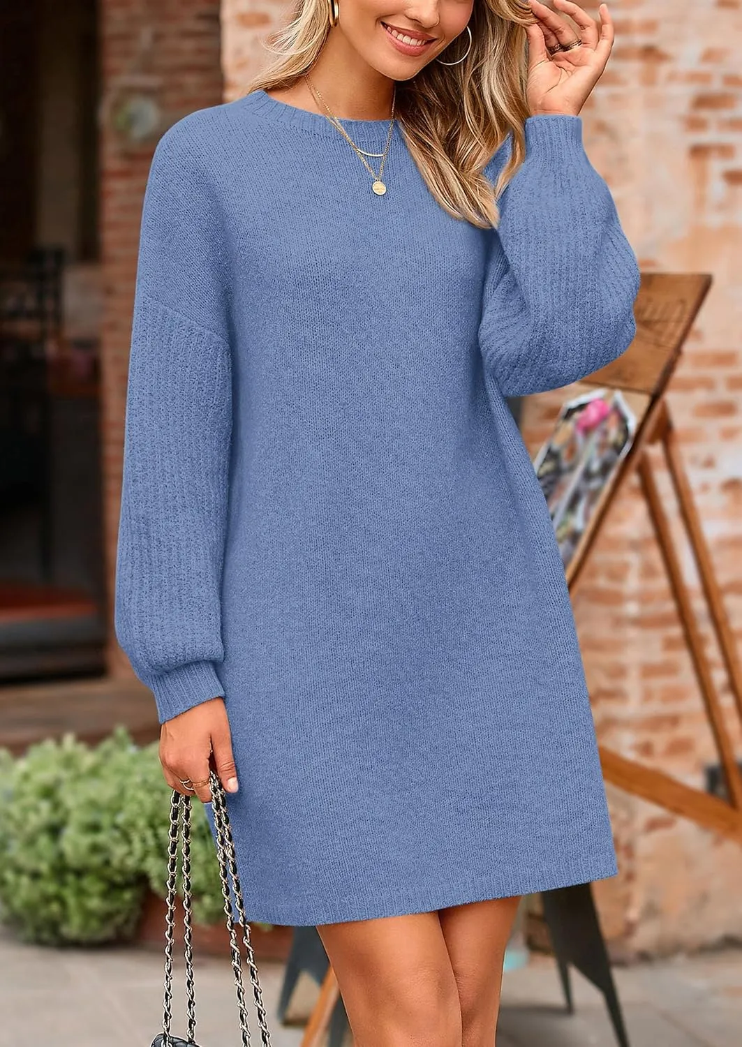 PRETTYGARDEN Women's Winter Pullover Sweaters Long Lantern Sleeve Crewneck Chunky Knit Slouchy Oversized Sweater Dress