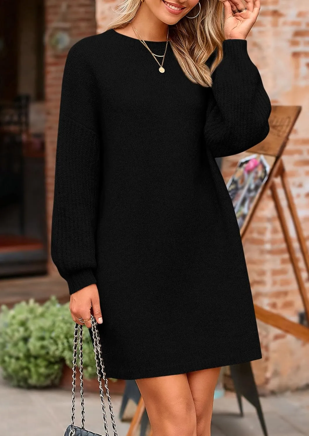 PRETTYGARDEN Women's Winter Pullover Sweaters Long Lantern Sleeve Crewneck Chunky Knit Slouchy Oversized Sweater Dress