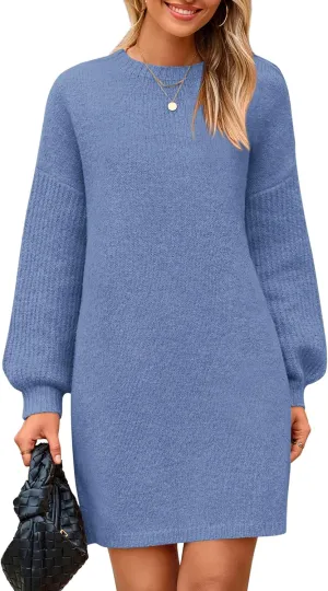 PRETTYGARDEN Women's Winter Pullover Sweaters Long Lantern Sleeve Crewneck Chunky Knit Slouchy Oversized Sweater Dress
