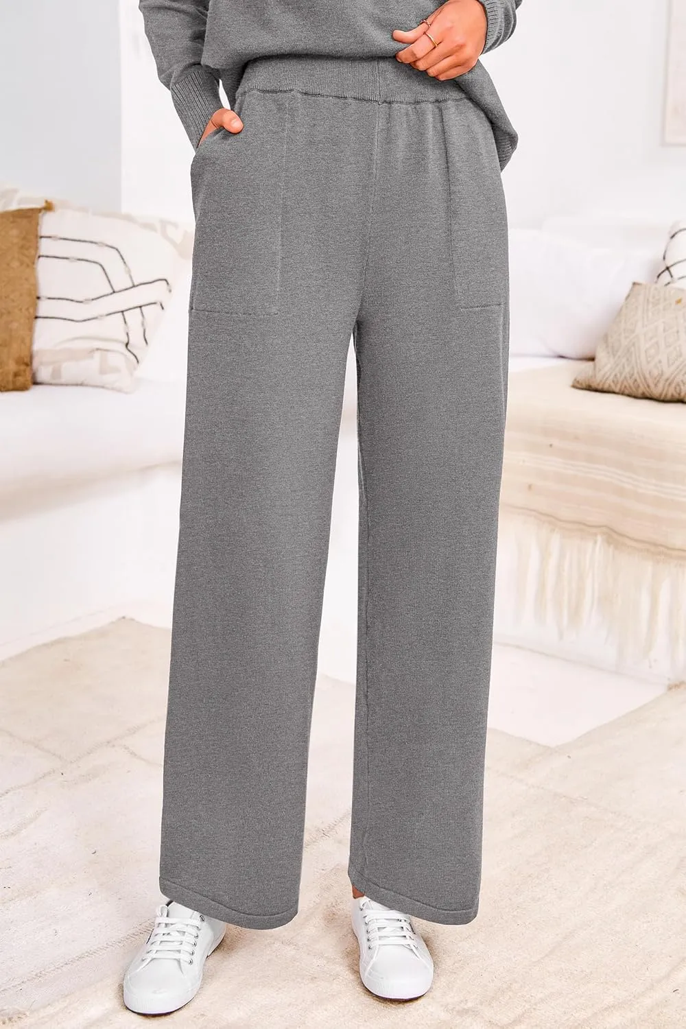PRETTYGARDEN Women's Winter Two Piece Matching Sweater Lounge Sets Knit Long Sleeve Pullover Tops Wide Leg Pants Tracksuits