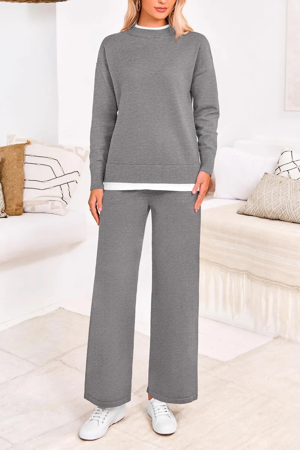 PRETTYGARDEN Women's Winter Two Piece Matching Sweater Lounge Sets Knit Long Sleeve Pullover Tops Wide Leg Pants Tracksuits