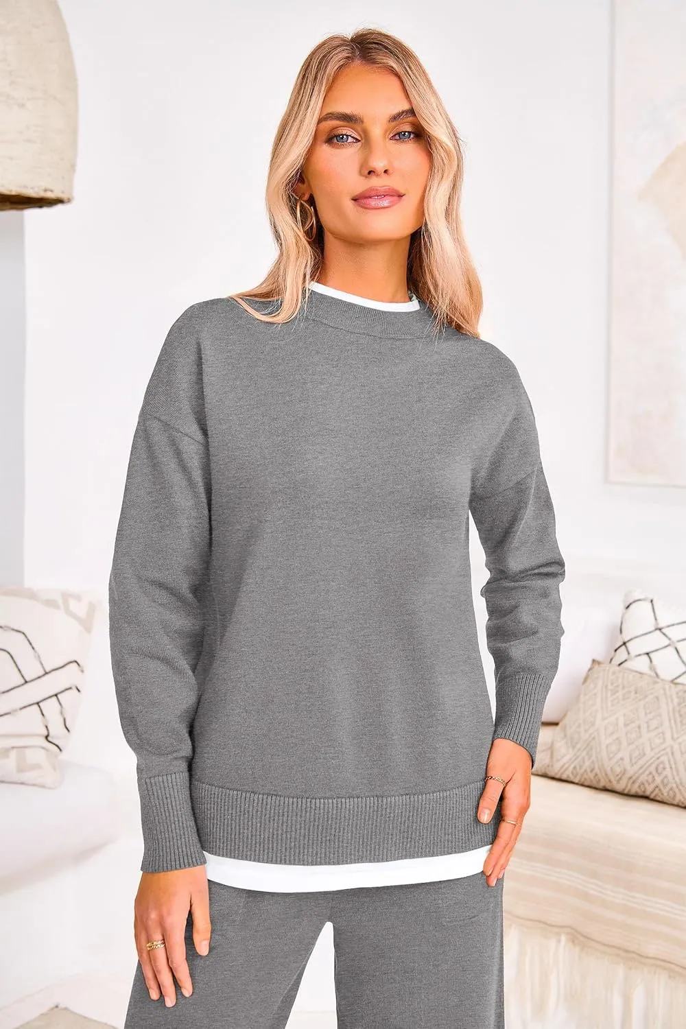 PRETTYGARDEN Women's Winter Two Piece Matching Sweater Lounge Sets Knit Long Sleeve Pullover Tops Wide Leg Pants Tracksuits