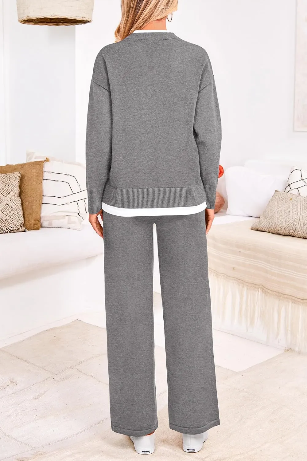 PRETTYGARDEN Women's Winter Two Piece Matching Sweater Lounge Sets Knit Long Sleeve Pullover Tops Wide Leg Pants Tracksuits
