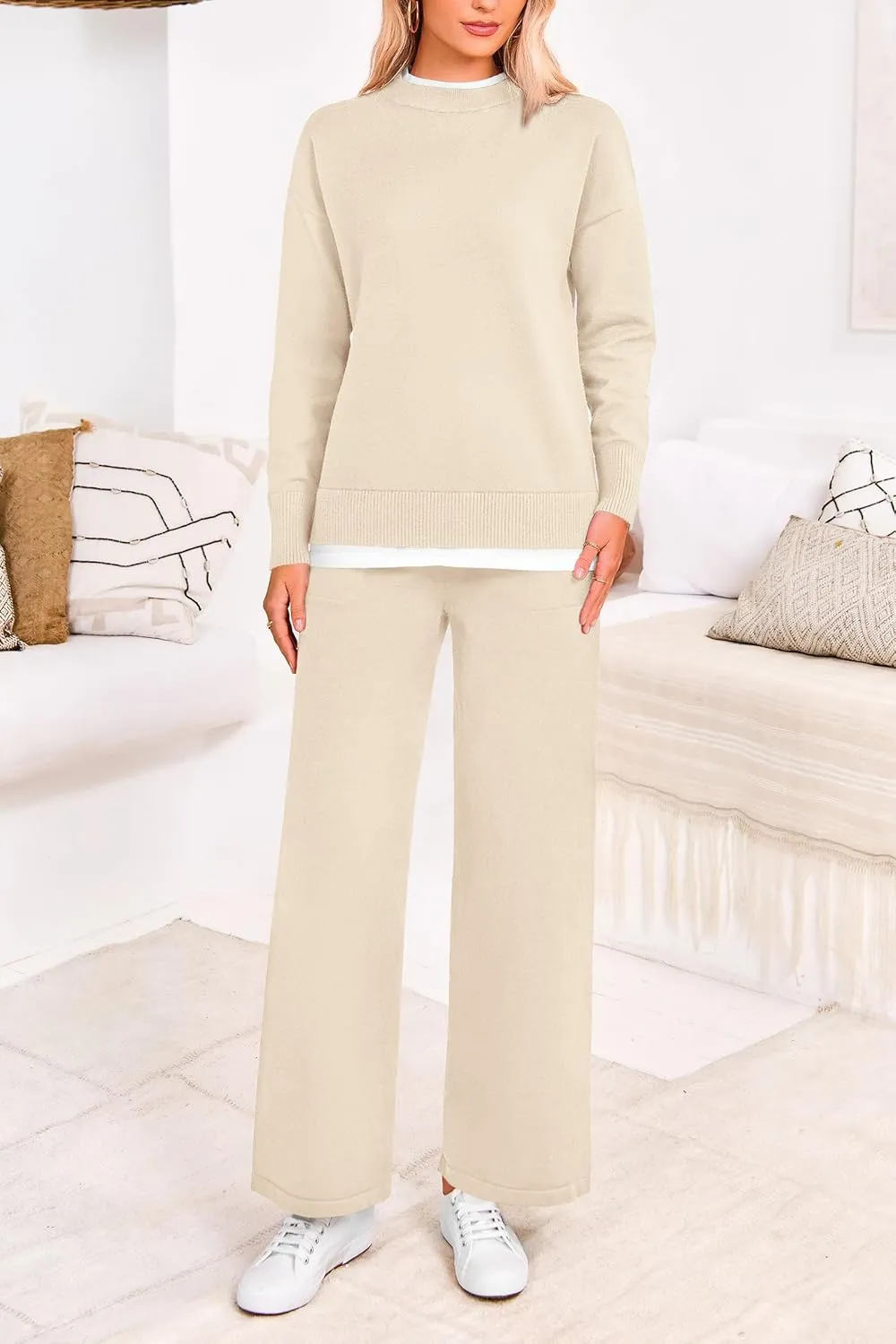 PRETTYGARDEN Women's Winter Two Piece Matching Sweater Lounge Sets Knit Long Sleeve Pullover Tops Wide Leg Pants Tracksuits